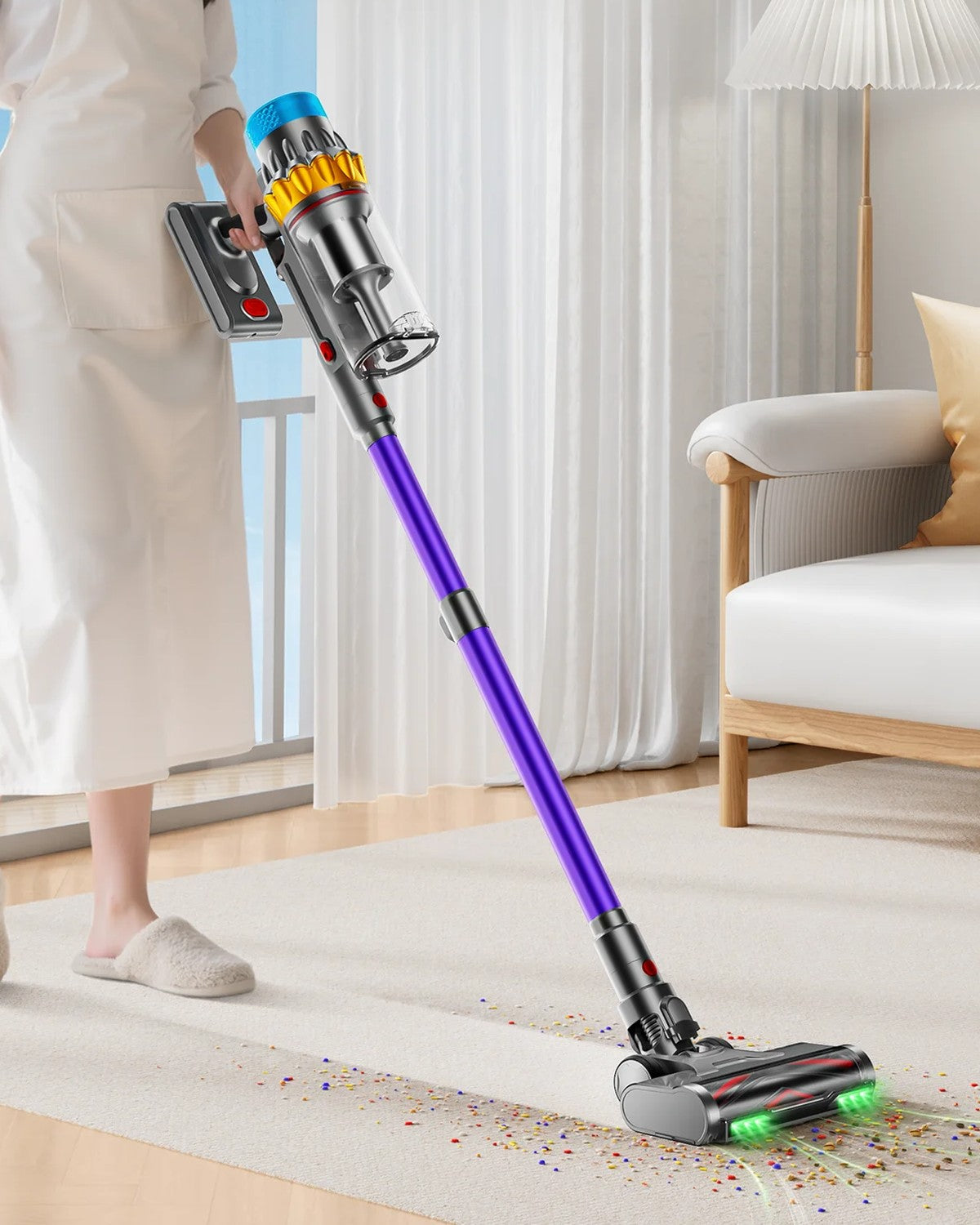 Vacuuming dog hair from a rug with the green LED floor brush lit up