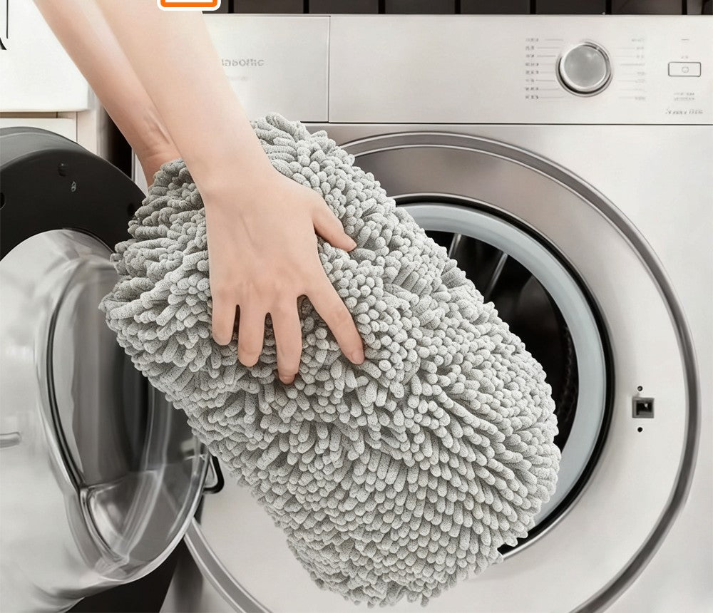 Chenille pet mat going into a front-loading washing machine